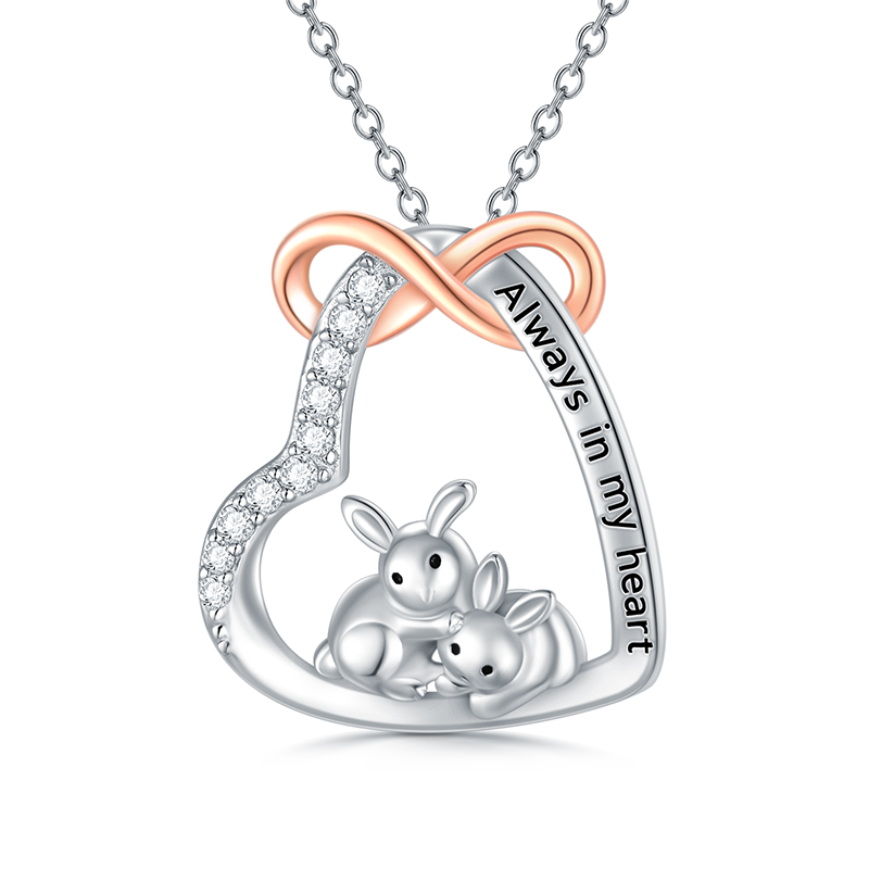 Sterling Silver Two-Tone Circular Cubic Zirconia Rabbit & Heart With Infinity Symbol Pendant Necklace For Women-4