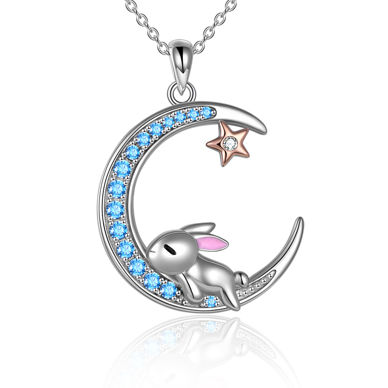 Sterling Silver Two-tone Circular Shaped Cubic Zirconia Rabbit & Moon Pendant Necklace-10