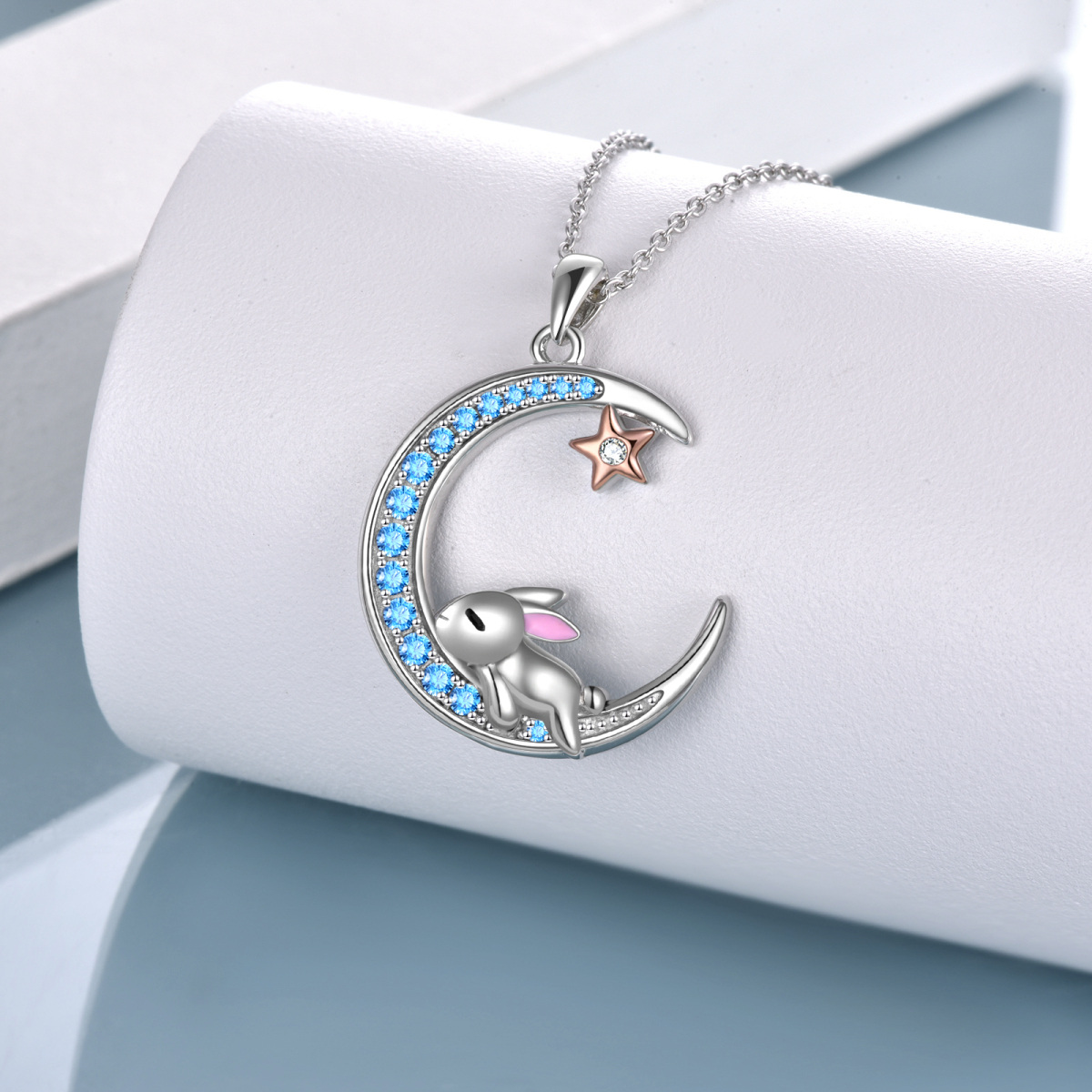 Sterling Silver Two-tone Circular Shaped Cubic Zirconia Rabbit & Moon Pendant Necklace-3