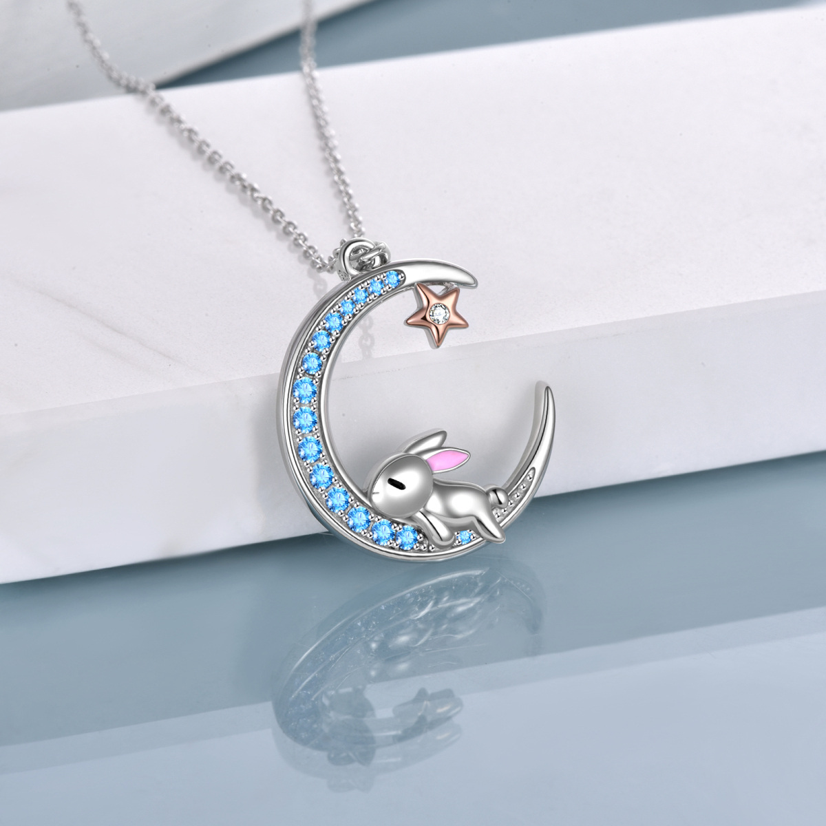 Sterling Silver Two-tone Circular Shaped Cubic Zirconia Rabbit & Moon Pendant Necklace-4