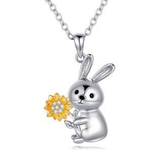 Sterling Silver Two-tone Circular Shaped Cubic Zirconia Rabbit & Sunflower Pendant Necklace-27