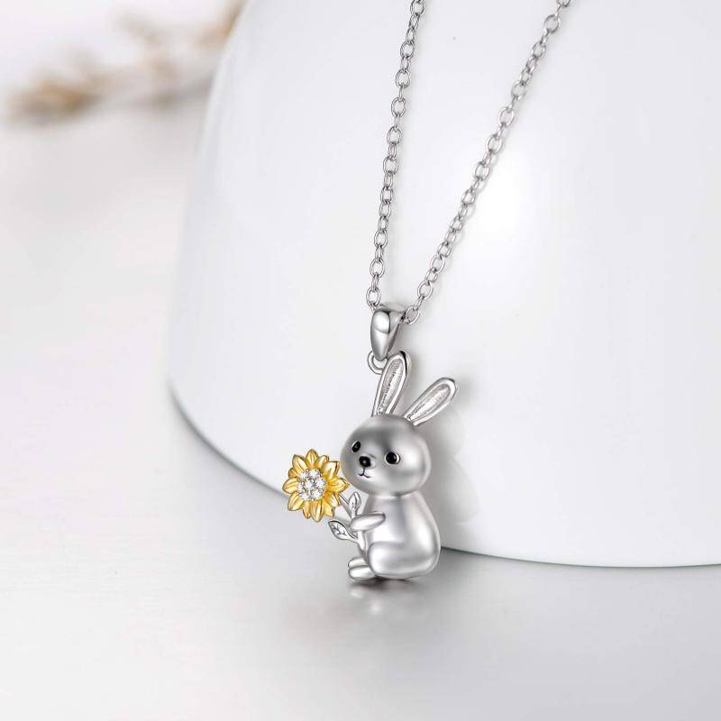 Sterling Silver Two-tone Circular Shaped Cubic Zirconia Rabbit & Sunflower Pendant Necklace-3