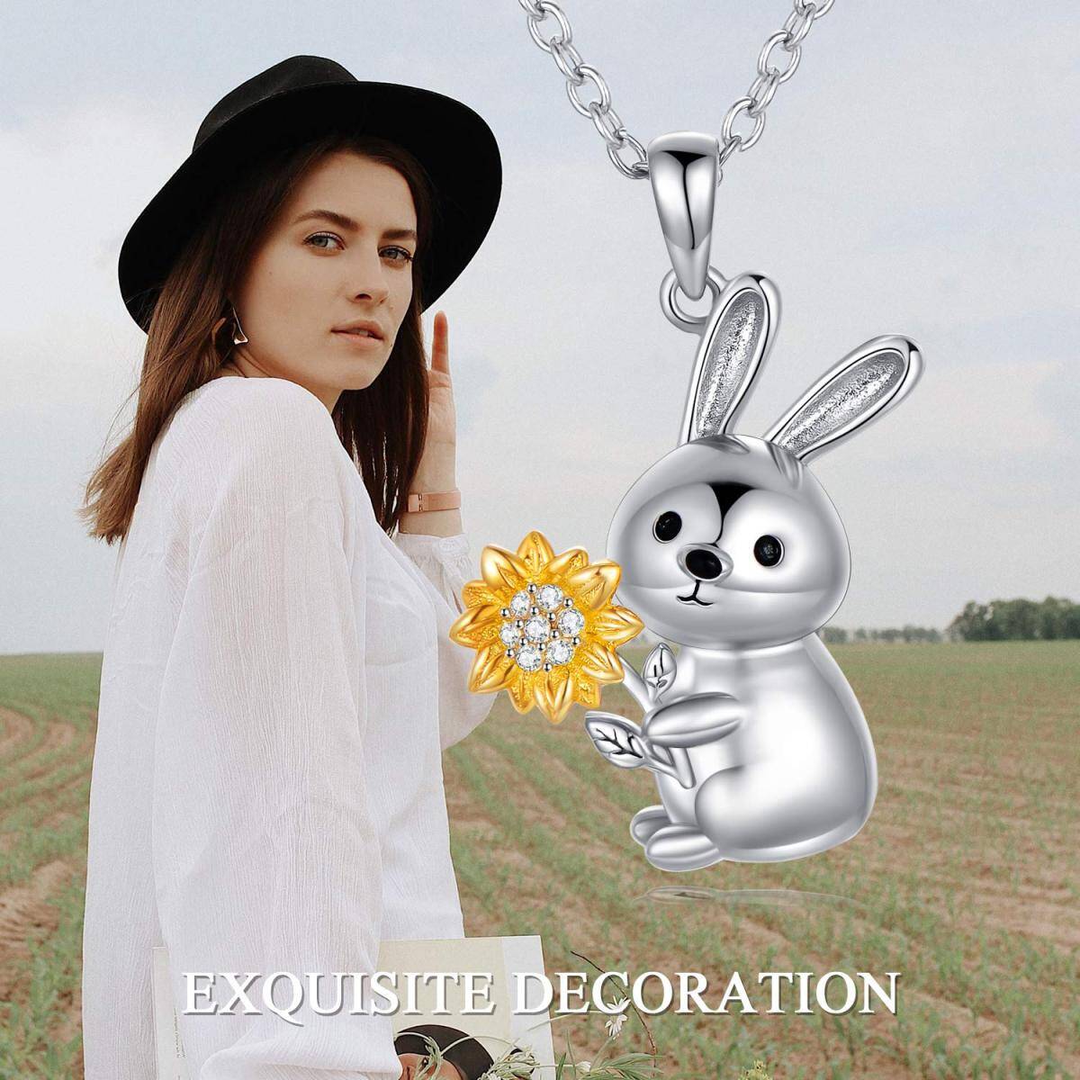 Collier en argent sterling avec pendentif lapin et tournesol en zircon cubique de forme ci-6