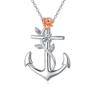 Sterling Silver Two-tone Circular Shaped Cubic Zirconia Rose & Anchor Pendant Necklace-10