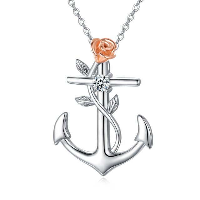 Sterling Silver Two-tone Circular Shaped Cubic Zirconia Rose & Anchor Pendant Necklace-4