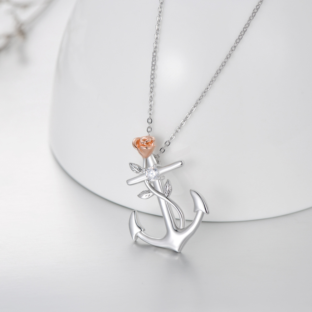 Sterling Silver Two-tone Circular Shaped Cubic Zirconia Rose & Anchor Pendant Necklace-3