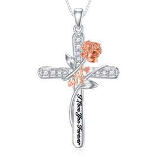 Sterling Silver Two-tone Circular Shaped Cubic Zirconia Rose & Cross Pendant Necklace with Engraved Word-10