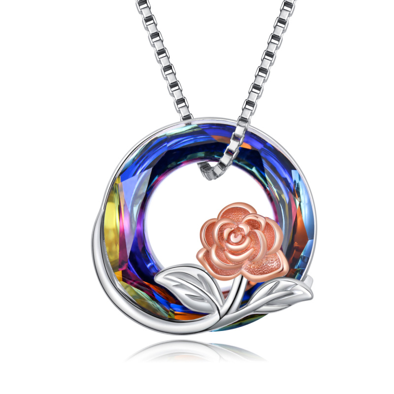 Sterling Silver Two-tone Circular Shaped Rose Crystal Pendant Necklace-8