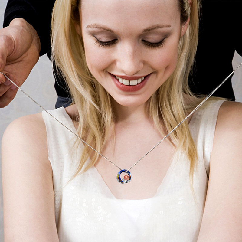 Sterling Silver Two-tone Circular Shaped Rose Crystal Pendant Necklace-2