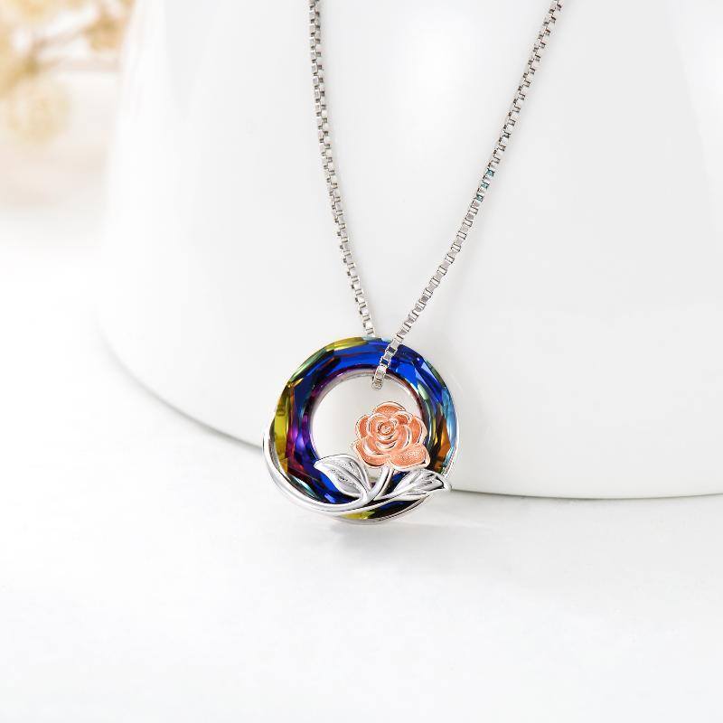 Sterling Silver Two-tone Circular Shaped Rose Crystal Pendant Necklace-4