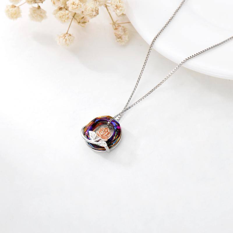 Sterling Silver Two-tone Circular Shaped Rose Crystal Pendant Necklace-5