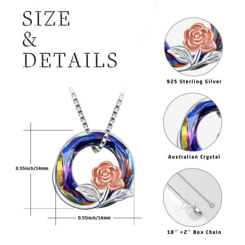 Sterling Silver Two-tone Circular Shaped Rose Crystal Pendant Necklace-6