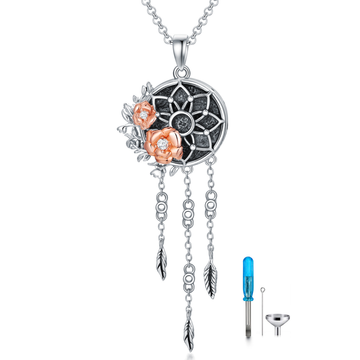 Plata de ley de dos tonos en forma circular Cubic Zirconia Rose & Dream Catcher Urna Colla-1