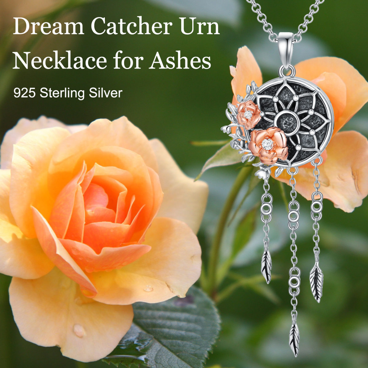 Plata de ley de dos tonos en forma circular Cubic Zirconia Rose & Dream Catcher Urna Colla-6