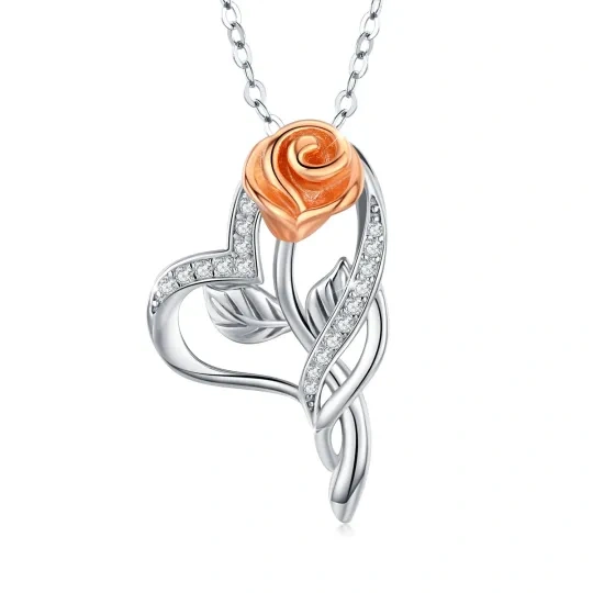 Sterling Silver Two-tone Circular Shaped Cubic Zirconia Rose & Heart Pendant Necklace