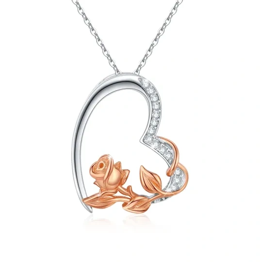 Sterling zilveren tweekleurige cirkelvormige cubic zirconia roos en hart hanger ketting