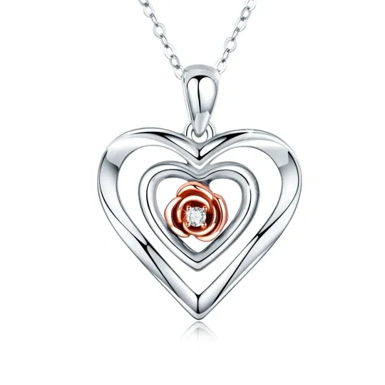 Sterling Silver Two-tone Circular Shaped Cubic Zirconia Rose & Heart Pendant Necklace