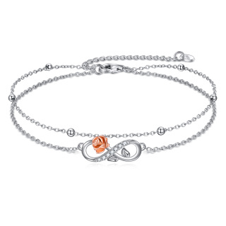 Sterling Silver Two-tone Circular Shaped Cubic Zirconia Rose & Infinity Symbol Layerered Bracelet-18