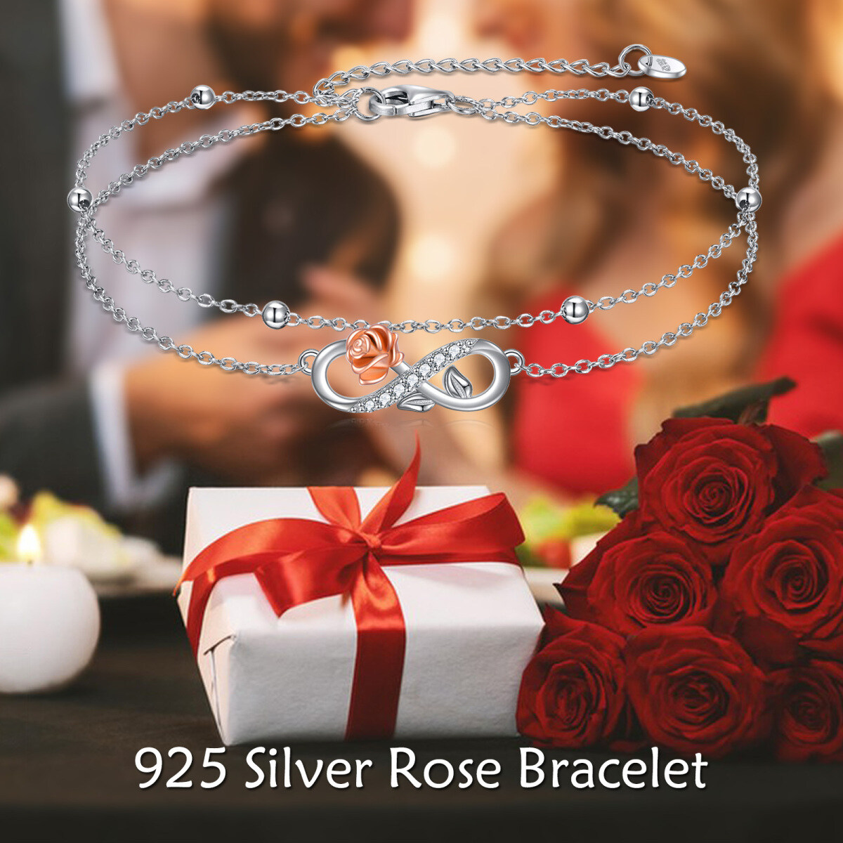 Sterling Silver Two-tone Circular Shaped Cubic Zirconia Rose & Infinity Symbol Layerered Bracelet-5