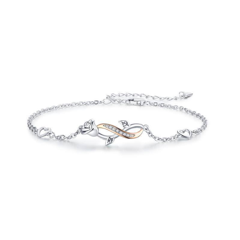 Sterling Silver Two-tone Circular Shaped Cubic Zirconia Rose & Infinity Symbol Charm Bracelet-1