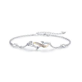 Sterling Silver Two-tone Circular Shaped Cubic Zirconia Rose & Infinity Symbol Charm Bracelet-54