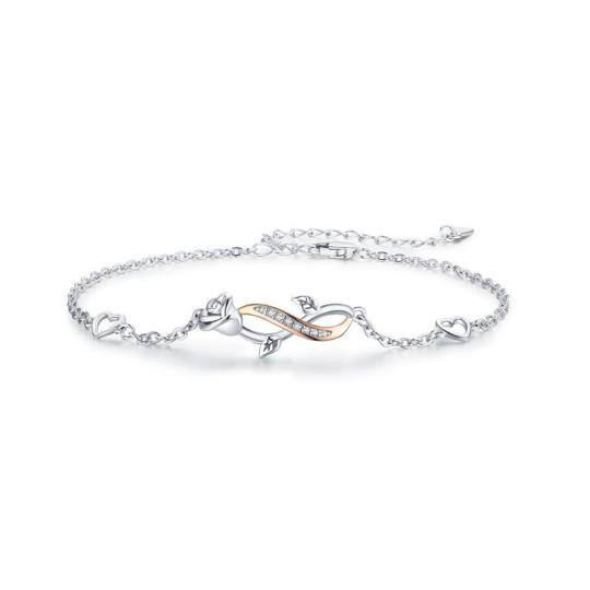 Sterling zilveren tweekleurige cirkelvormige cubic zirconia roos en oneindigheidssymbool hanger armband