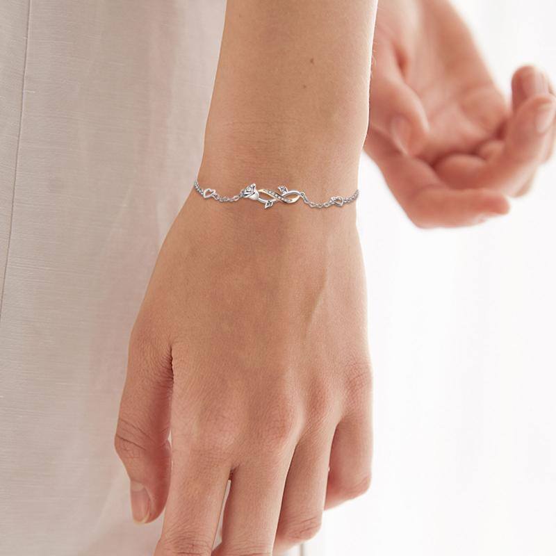 Sterling Silver Two-tone Circular Shaped Cubic Zirconia Rose & Infinity Symbol Charm Bracelet-2