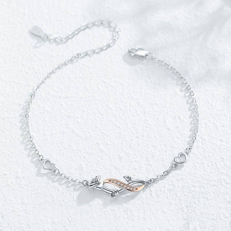 Sterling Silver Two-tone Circular Shaped Cubic Zirconia Rose & Infinity Symbol Charm Bracelet-4