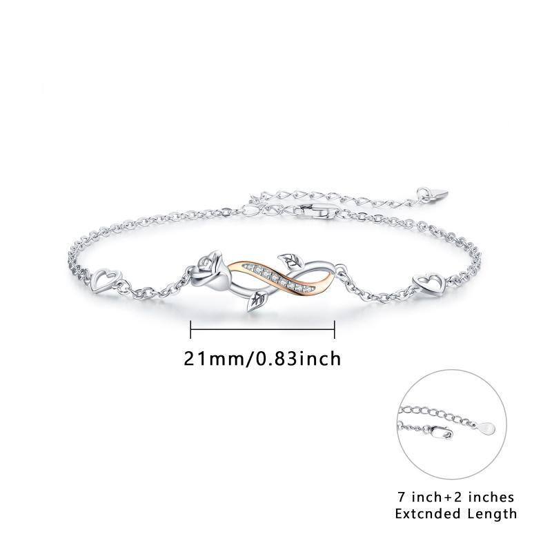 Sterling Silver Two-tone Circular Shaped Cubic Zirconia Rose & Infinity Symbol Charm Bracelet-6
