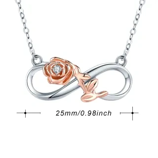 Sterling Silver Two-tone Circular Shaped Cubic Zirconia Rose & Infinity Symbol Pendant Necklace-15