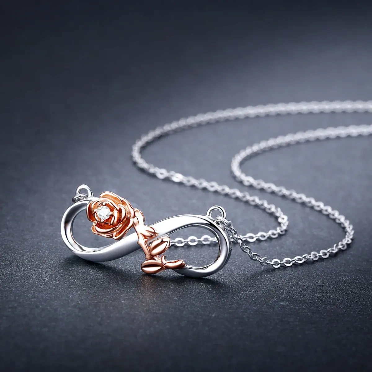 Sterling Silber zweifarbig kreisförmig Zirkonia Rose & Unendlichkeit Symbol Anhänger Halsk-3