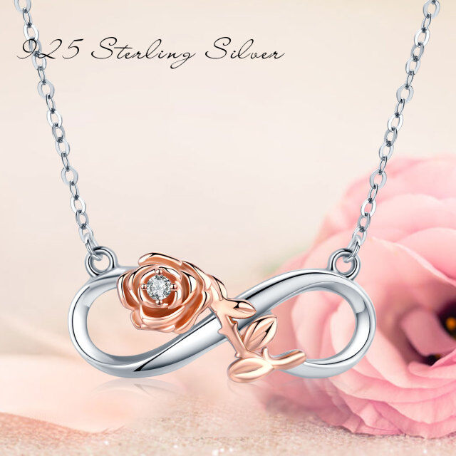 Sterling zilveren tweekleurige cirkelvormige cubic zirconia roos en oneindigheidssymbool ketting-6