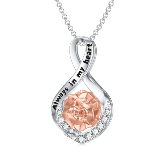 Collar de urna con símbolo de infinito de rosa en forma circular de dos tonos de plata de ley para cenizas con palabra grabada