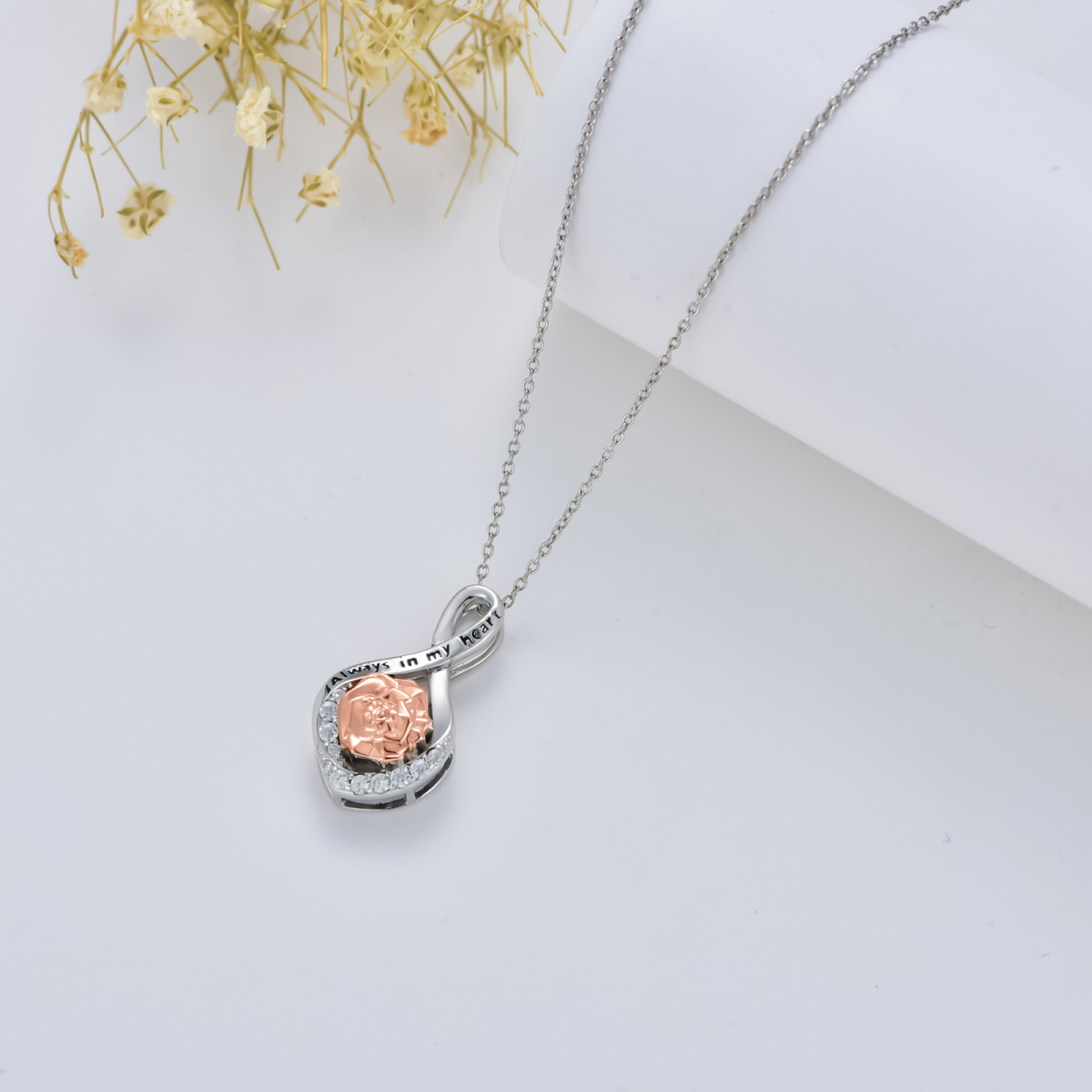 Sterling Silver Two-tone Circular Shaped Rose & Infinity Symbol Urn Necklace for Ashes with Engraved Word-4