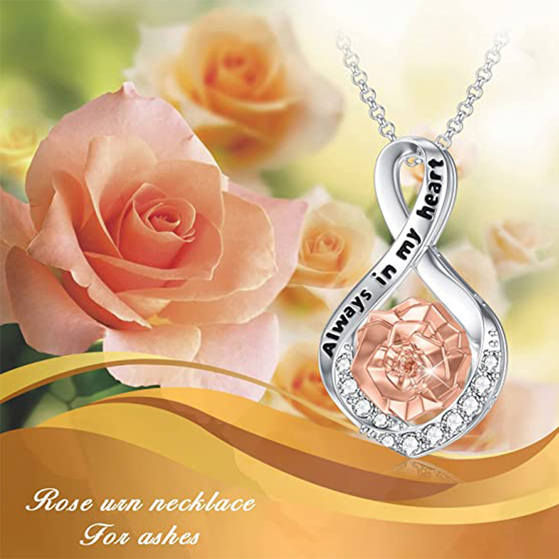 Sterling Silver Two-tone Circular Shaped Rose & Infinity Symbol Urn Necklace for Ashes with Engraved Word-6