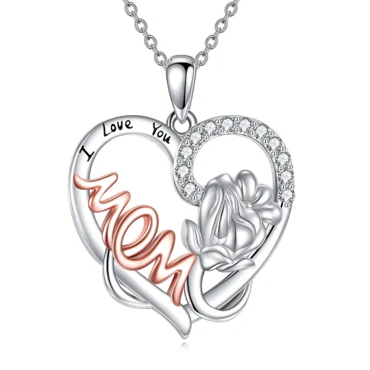 Sterling Silver Two-tone Circular Shaped Cubic Zirconia Rose Mother & Daughter Heart Pendant Necklace with Engraved Word