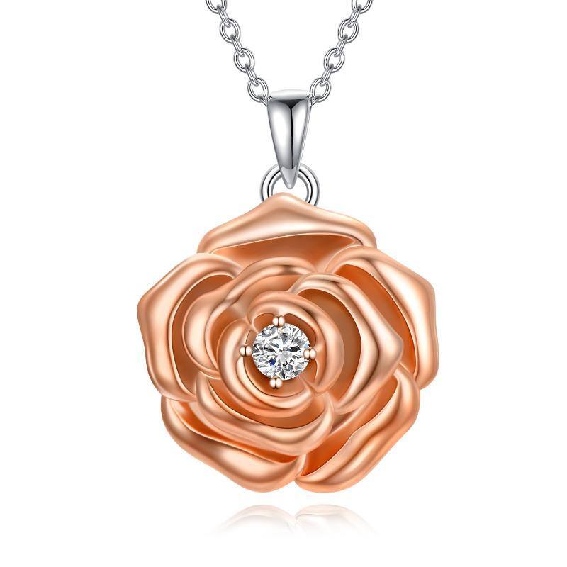 Sterling Silver Two-tone Circular Shaped Cubic Zirconia Rose Personalized Photo Locket Necklace-1