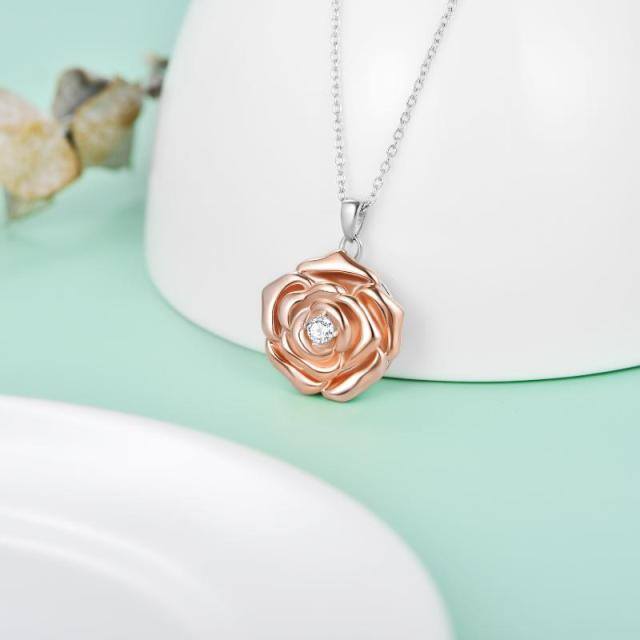 Sterling Silver Two-tone Circular Shaped Cubic Zirconia Rose Personalized Photo Locket Necklace-3