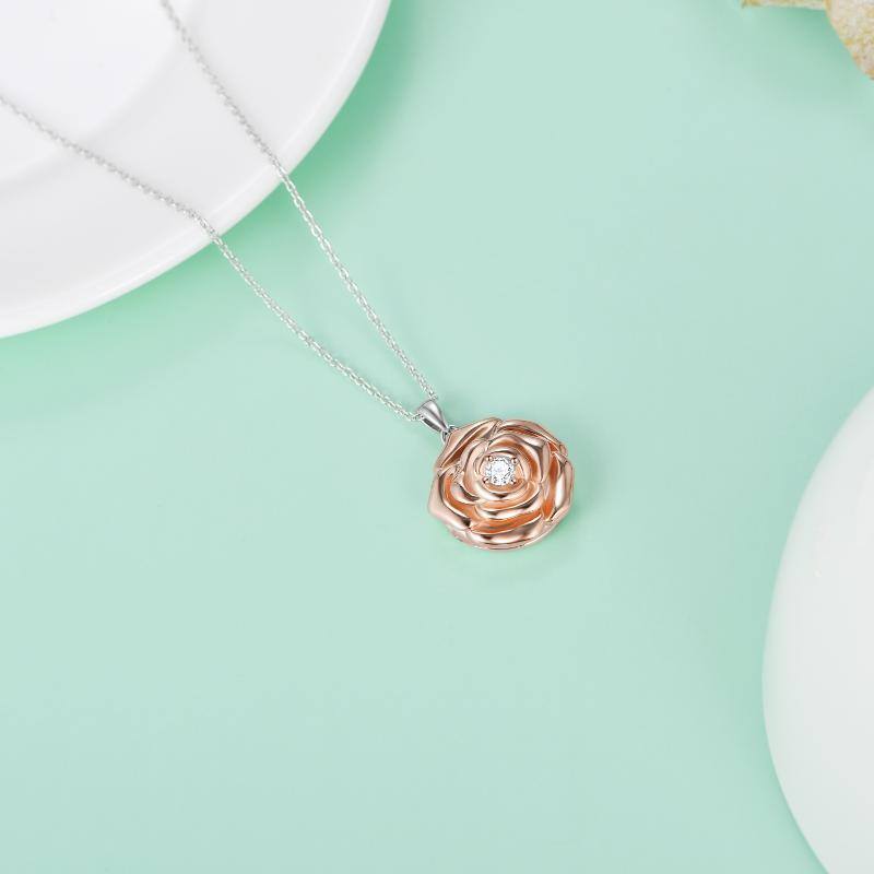 Sterling zilveren tweekleurige cirkelvormige cubic zirconia Rose gepersonaliseerde fotozakje ketting-4