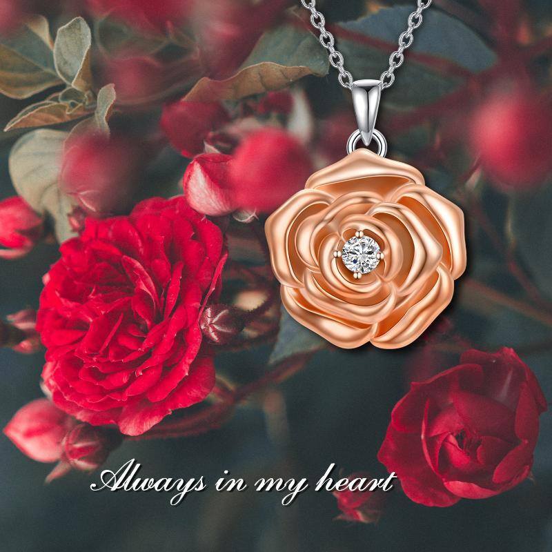 Sterling zilveren tweekleurige cirkelvormige cubic zirconia Rose gepersonaliseerde fotozakje ketting-7