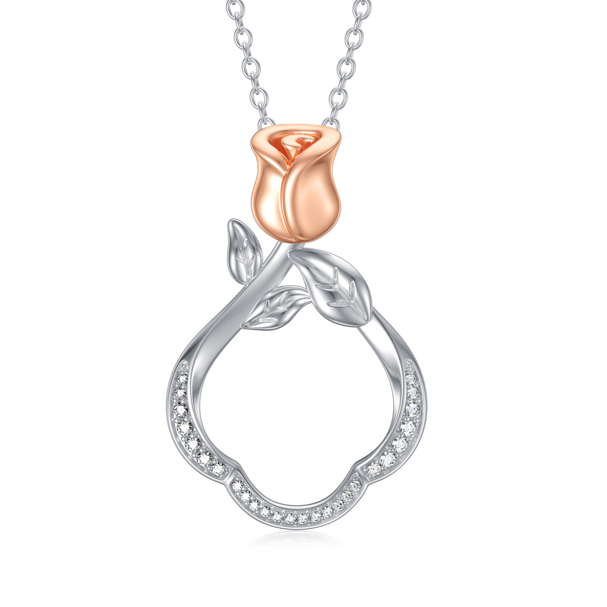 Plata de ley de dos tonos en forma circular Cubic Zirconia Rose & Ring Holder Collar Colga-1