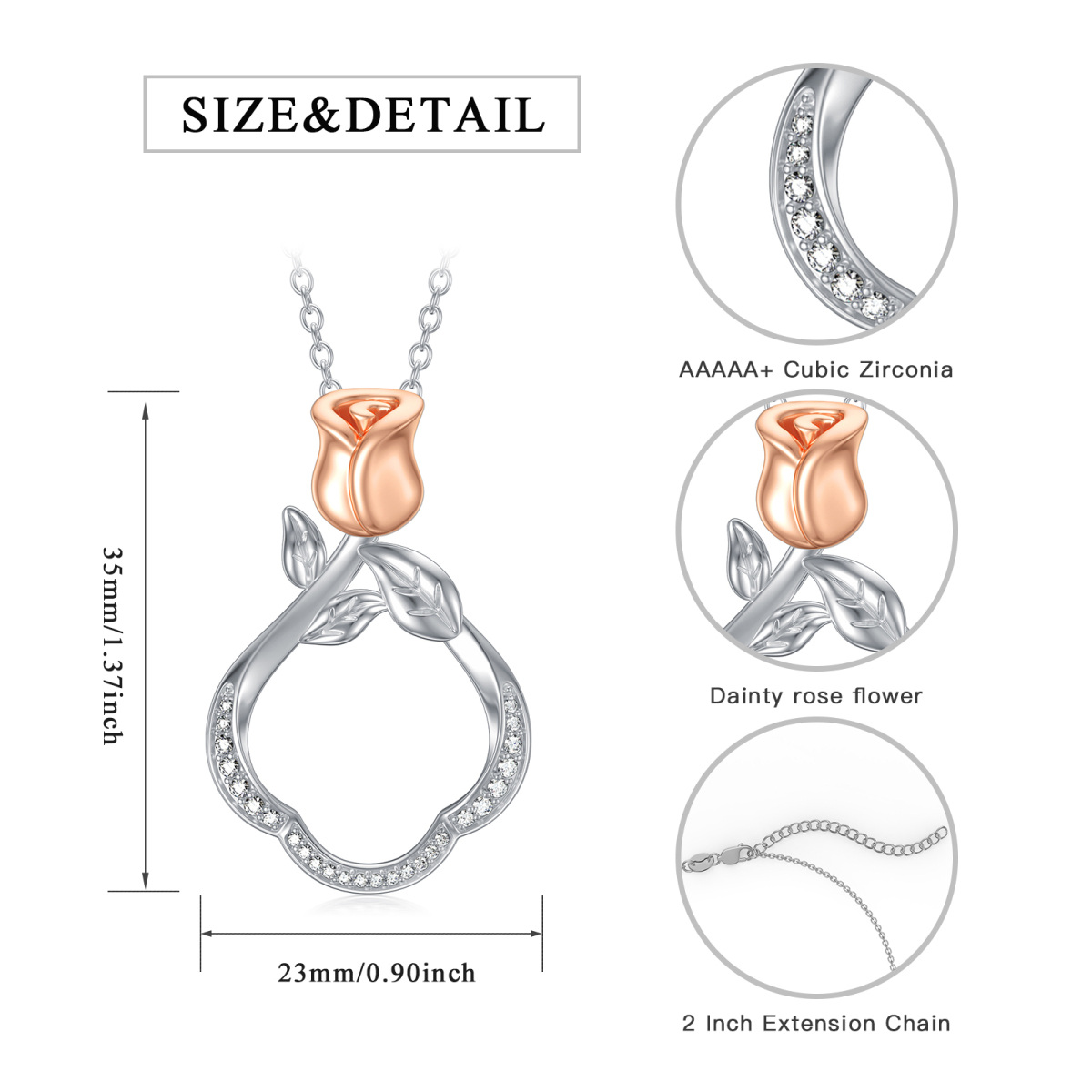 Srebrny, dwukolorowy, okrągły naszyjnik z cyrkoniami w kształcie róży i zawieszką na pierścionek-5