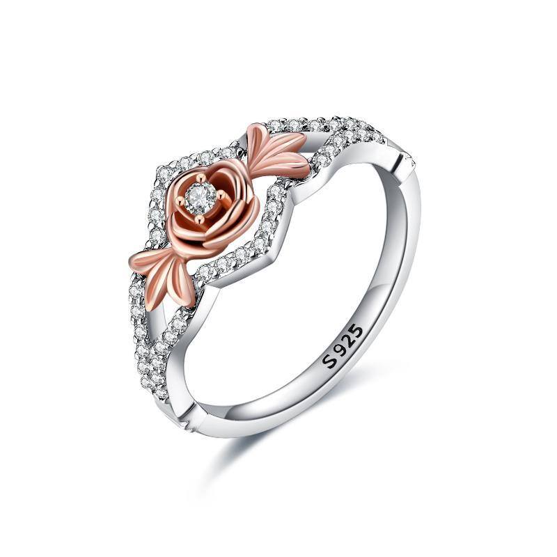 Bague en argent sterling bicolore avec zircone cubique en forme de rose-1