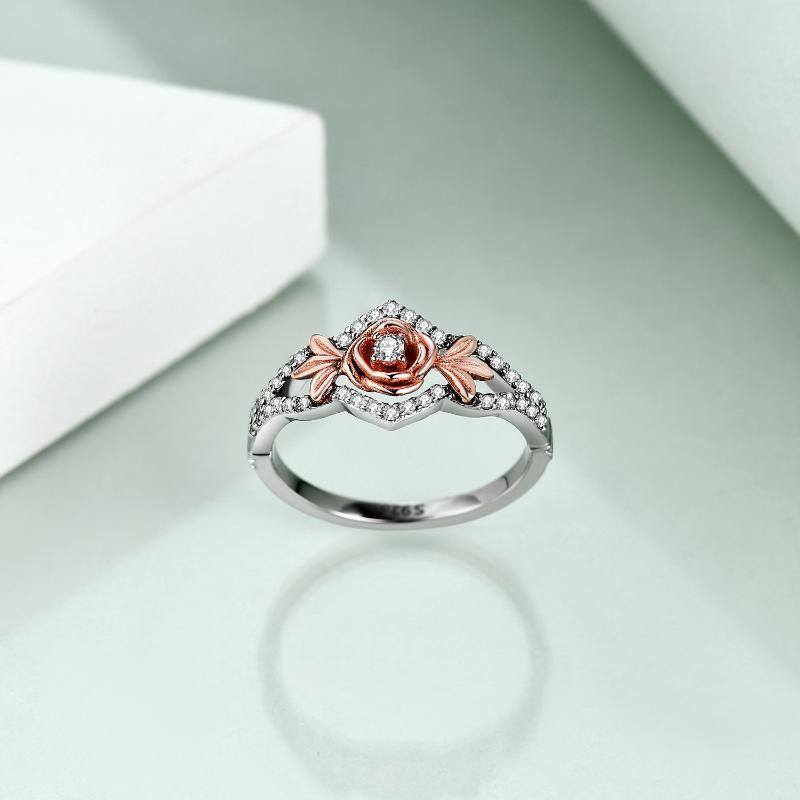 Bague en argent sterling bicolore avec zircone cubique en forme de rose-4