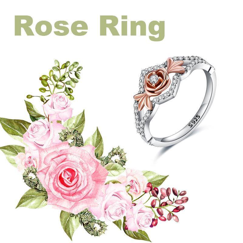 Bague en argent sterling bicolore avec zircone cubique en forme de rose-6