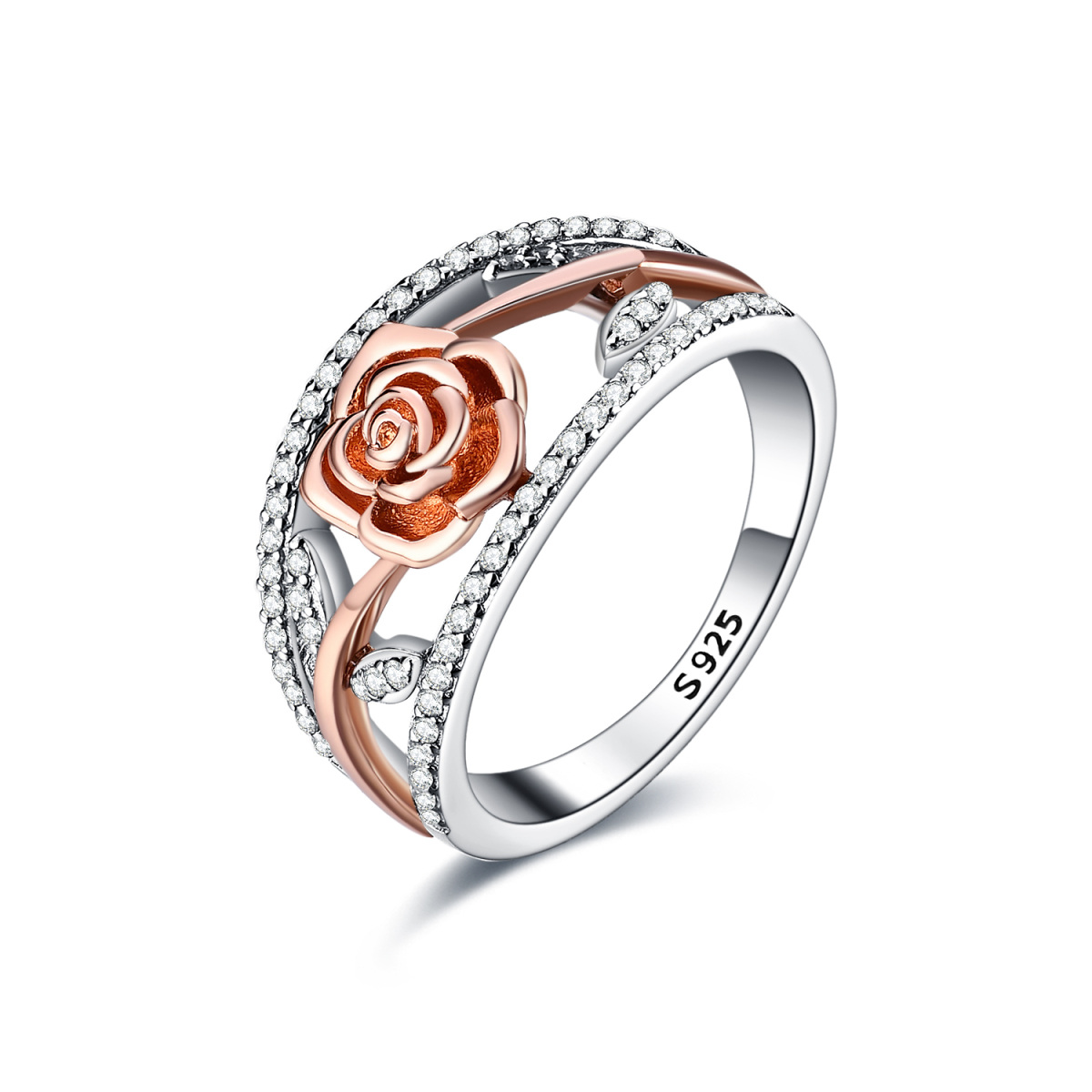 Sterling Silver Two-tone Circular Shaped Cubic Zirconia Rose Ring-1