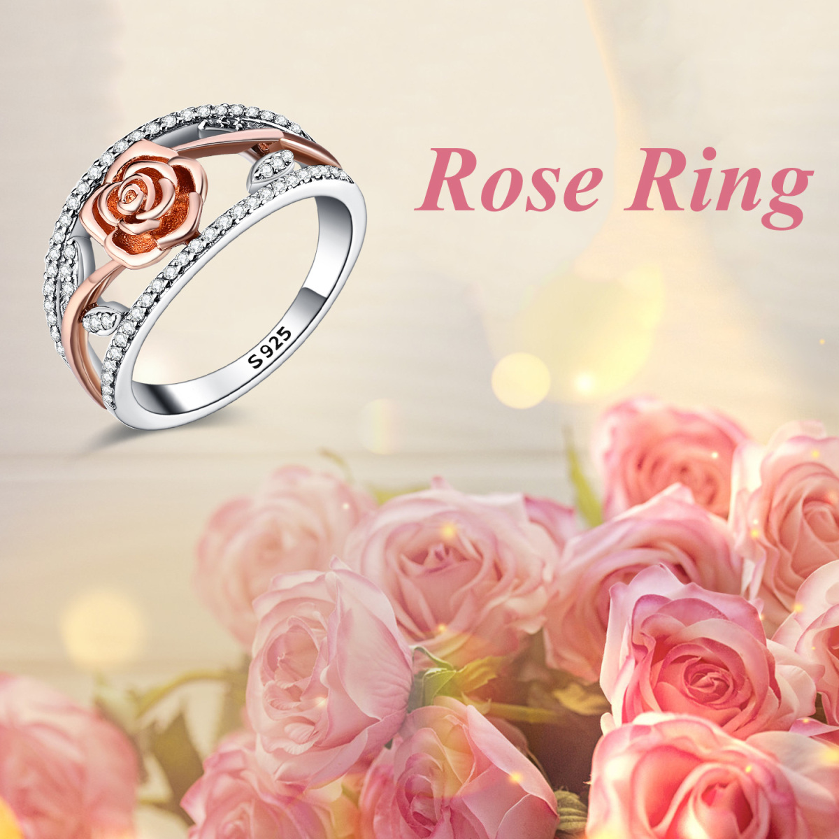 Sterling Silver Two-tone Circular Shaped Cubic Zirconia Rose Ring-6