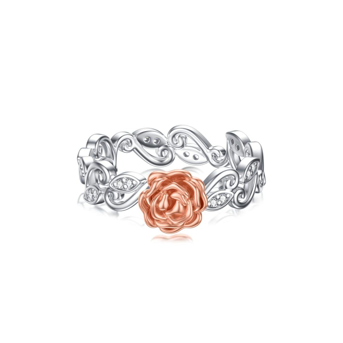 Sterling Silver Two-tone Circular Shaped Cubic Zirconia Rose Ring-1