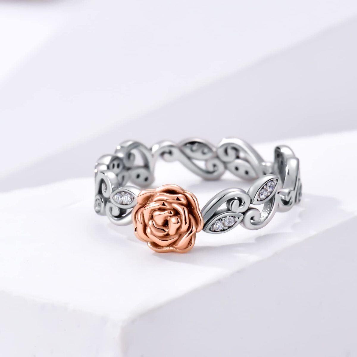 Sterling Silver Two-tone Circular Shaped Cubic Zirconia Rose Ring-3