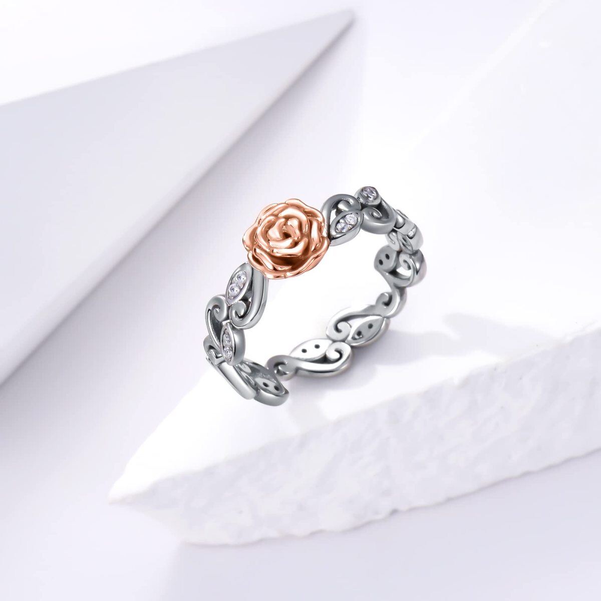 Sterling Silver Two-tone Circular Shaped Cubic Zirconia Rose Ring-4